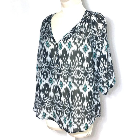 Living Doll Ikat Abstract Print Top Tunic Blouse Shirt M Black Blue White - Picture 9 of 9